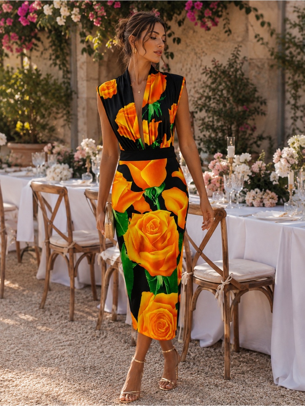 AlterEggo Collection Black Orange Rose Floral Deep V Maxi Dress Small